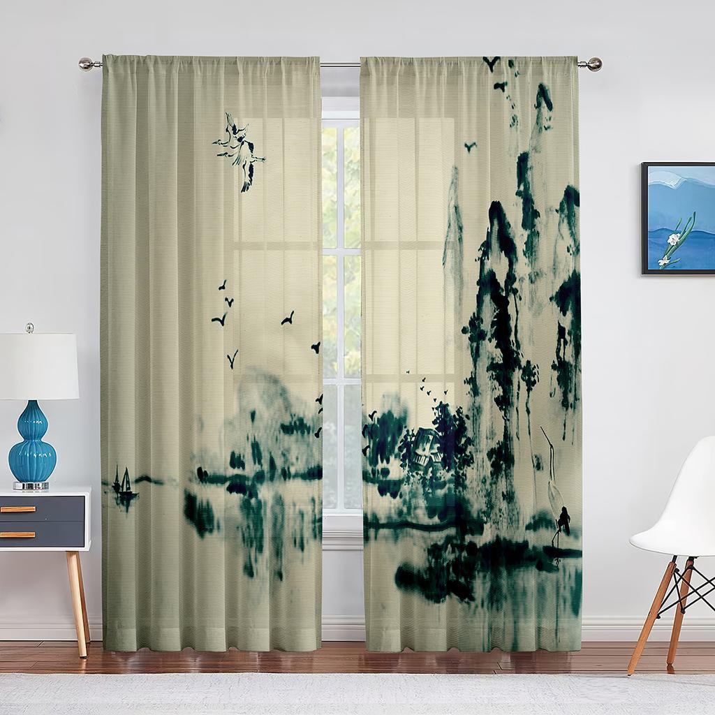 Birds On Branch Cherry Blossom Ink Painting Tulle Voile Curtains for Bedroom Window Curtain for Living Room Sheer Curtain Drapes