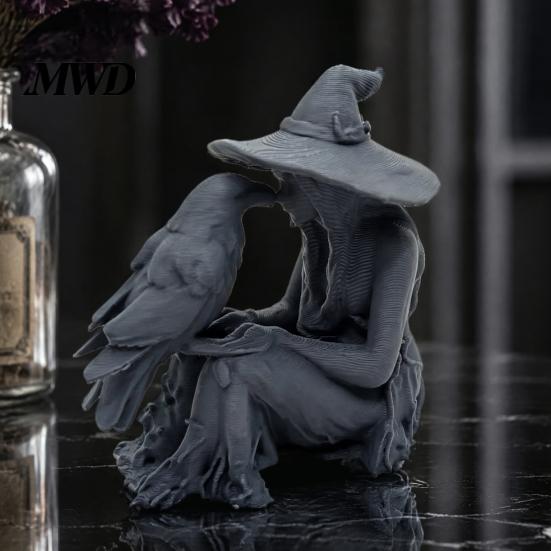 Unique Halloween Gift 3D Printed Witch Statue, Gothic And Raven Sculpture, Retro Style Room Decor Mystical Figurine for Home Desktop Shelf Mantel