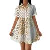 Women’s Casual Loose Fit Shirt Dress with Button Front Stand Collar Short Sleeve Patchwork Print Lightweight Design