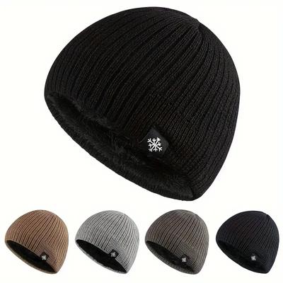 1pc Warm Winter Beanie Hat with Retro Snowflake Fleece Hat Knitted Soft Men's Warm Cap