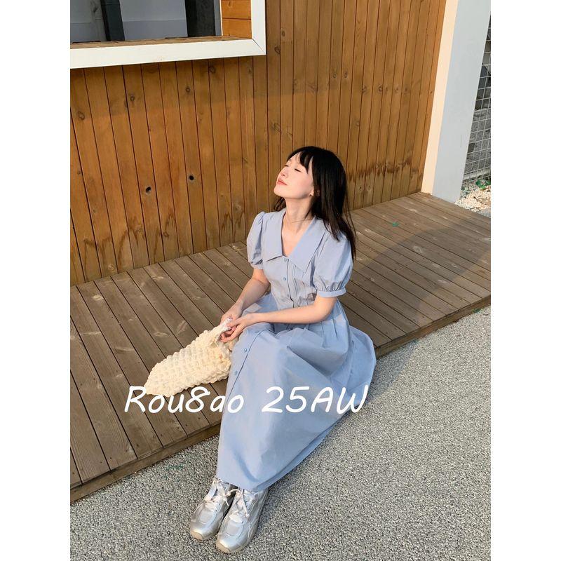 Rou8Ao Plus-Size Women's French-Style Short-Sleeve Dress 2026 Summer Slimming Waist-Cinching Doll Collar Long Dress for Curvy Women