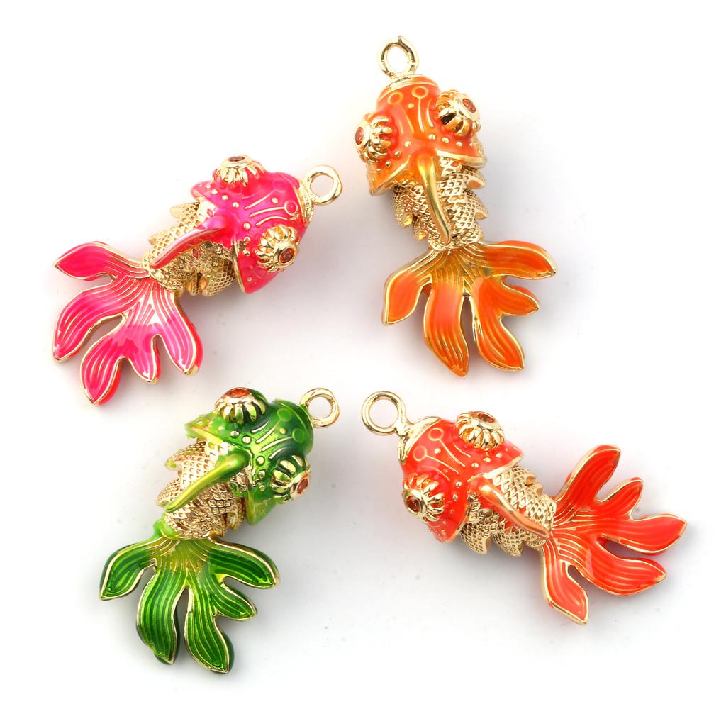 1 Piece Enamel Goldfish 3D Movable Brass Charms Orange Cubic Zirconia 18K Gold Plated Fish Ocean Jewelry Pendants 3cm x 1.5cm
