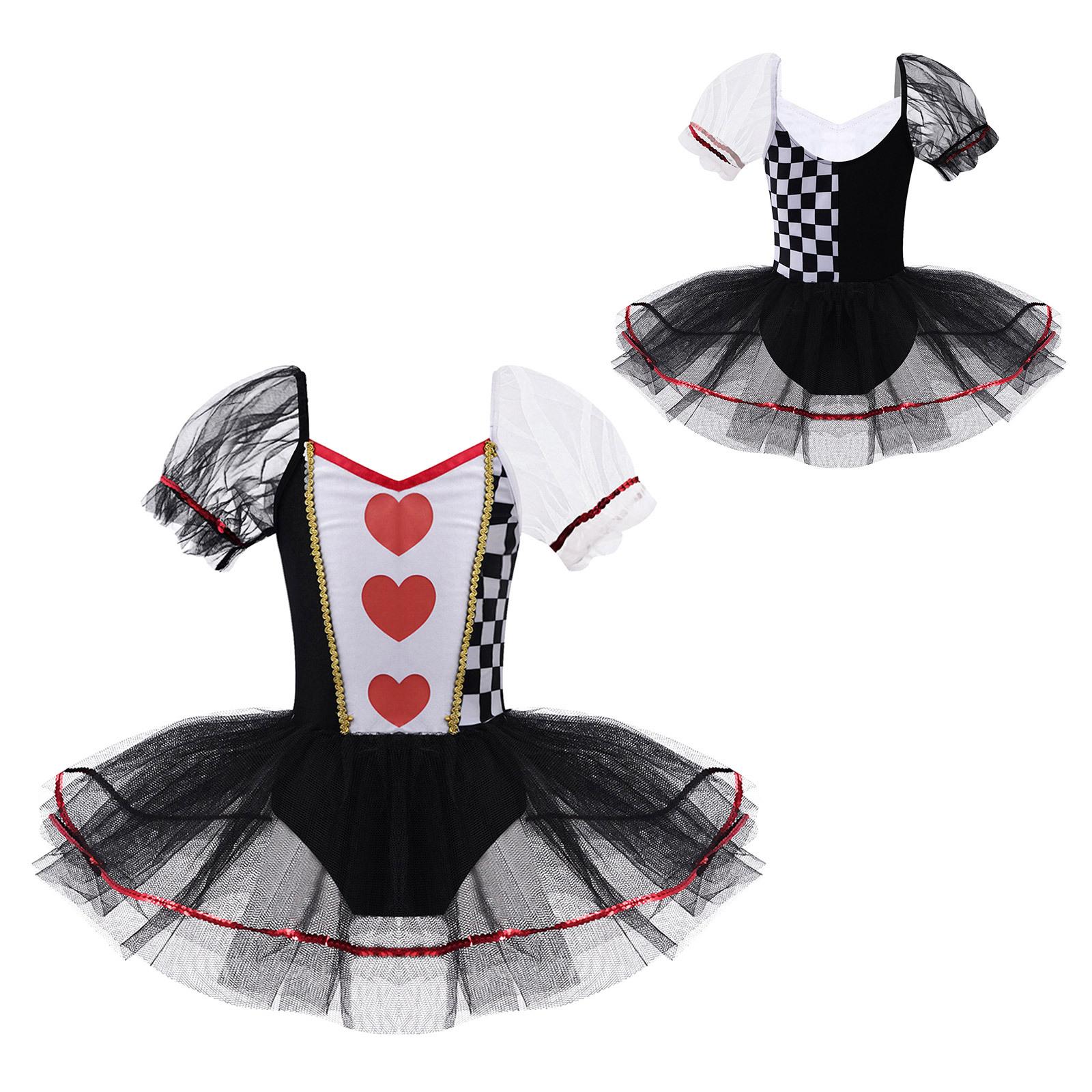

Girls Mesh Tutu Dress Hearts Checkerboard Print Short Sleeve Jumpsuit Stage Performance Cosplay Costume 13-14 Years чорний