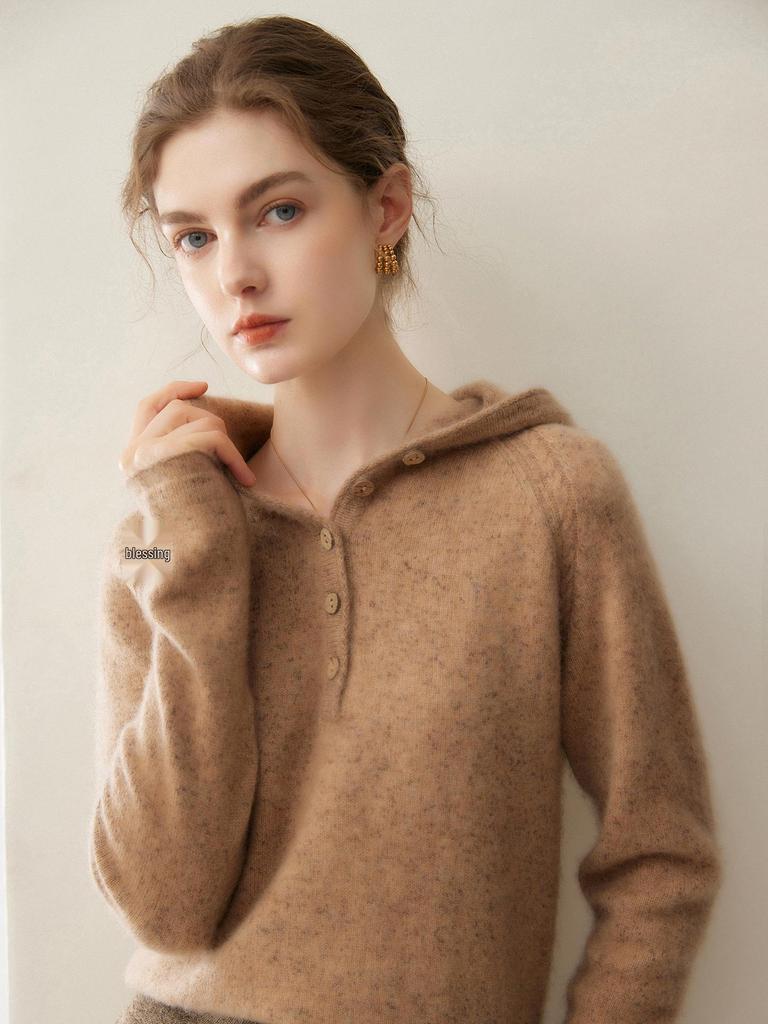 Women's 100% Cashmere Hooded Sweater - Autumn/Winter 2026 Collection - Loose Slimming Knit Pullover Base Layer