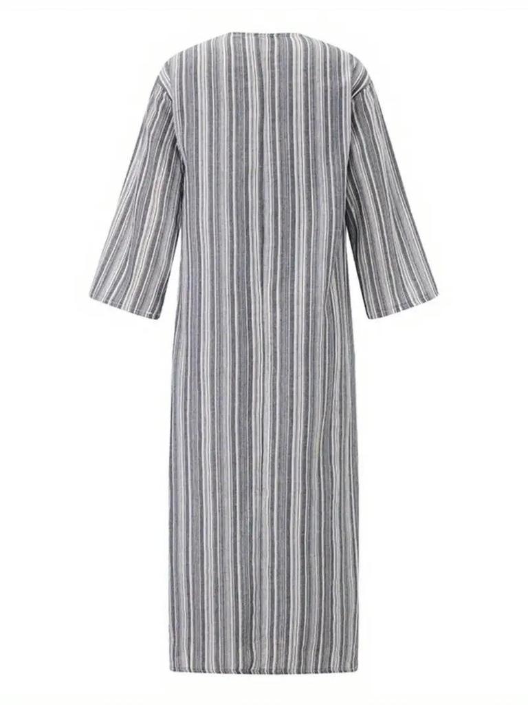 Women's European/American Cotton Linen Striped Pocket Dress