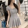Gray Square Neck Short Sleeve Petite A-Line Mini Dress with Cinched Waist