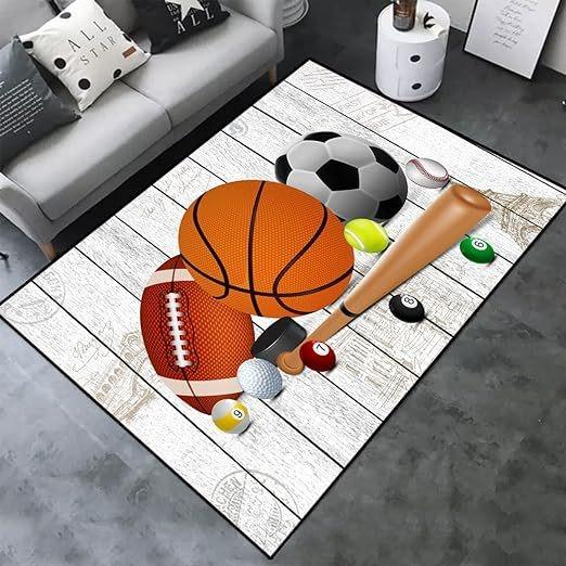 Multi-Sport Pattern Area Rug with Colorful Game Tiles Non-Slip Playroom Carpet for Sports Fans Floor Mat for Kids Room Decor