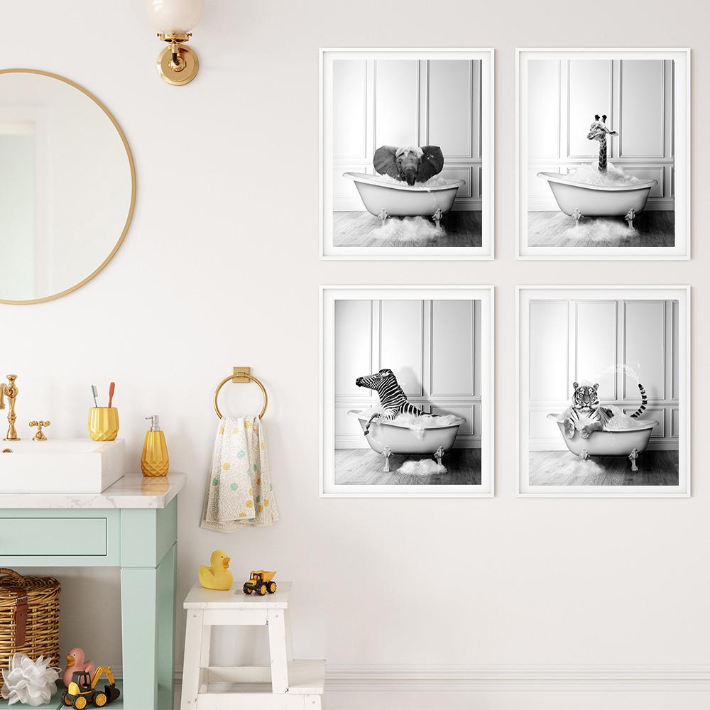 Animals Posters Canvas Painting On The Wall Elepant Tiger Giraffe Zebra Bathtub Nordic Prints Pictures For Bathroom Home Decor
