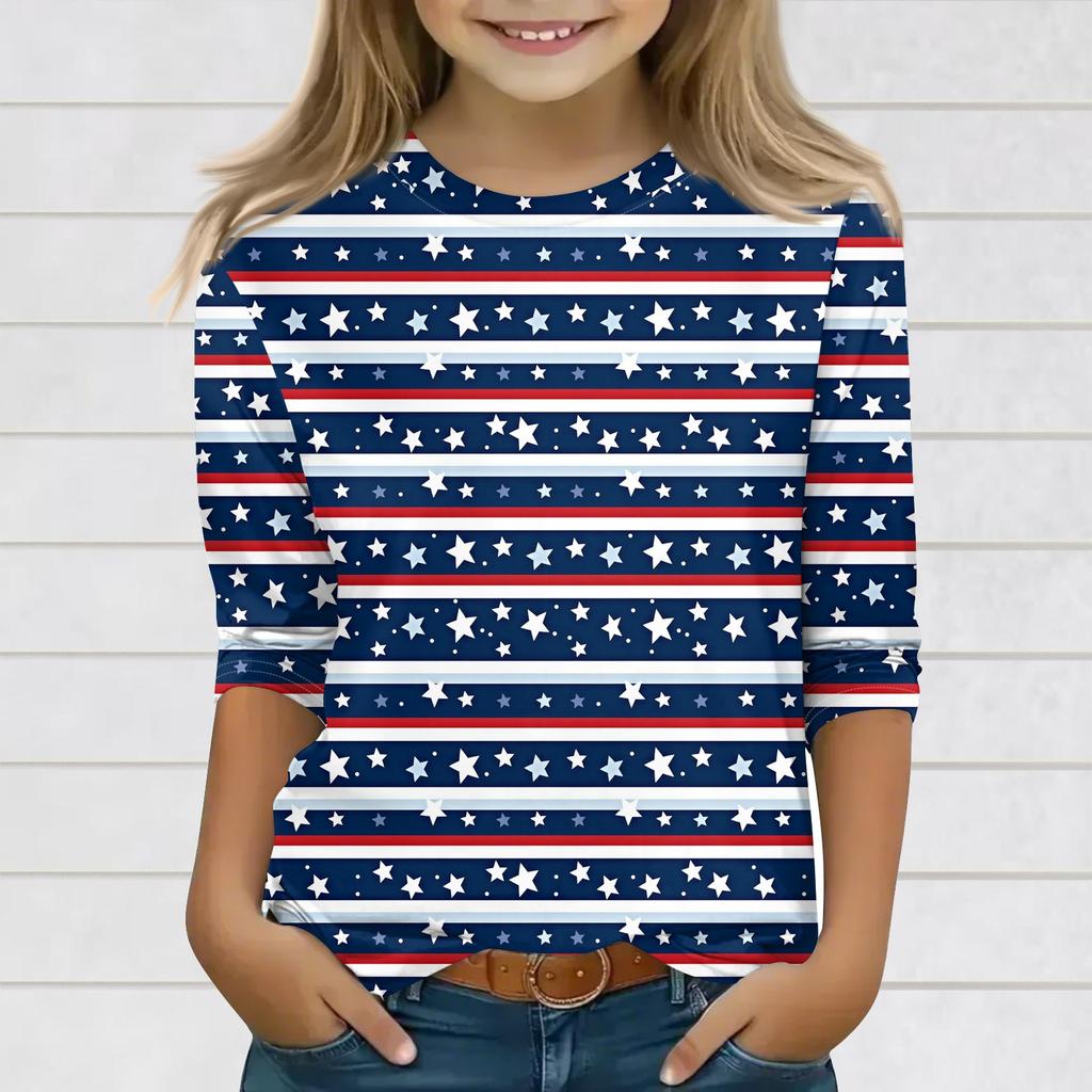 Print Tops For Youth Girls 3-10 Years Round Neck 3/4 Sleeves T-Shirts Trendy Tops Outfit Tees