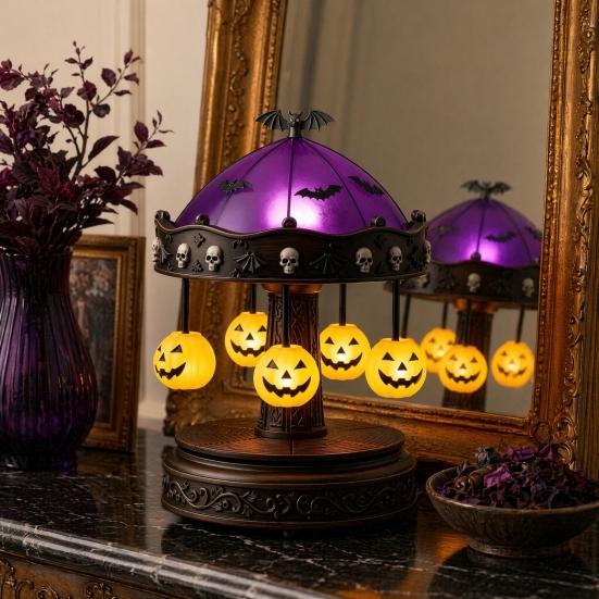 xiaobudian Ghost Carousel Light, Halloween Night Gothic Stained Glass Shade with Floating Ghosts/Pumpkins, Spooky Table Lamp for Bedroom Home