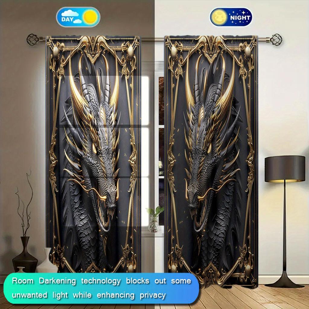 2pcs  Black Dragon Printed Curtain for Home Decor - Rod Pocket Window Treatment for Bedroom   Office   Kitchen   Living Room