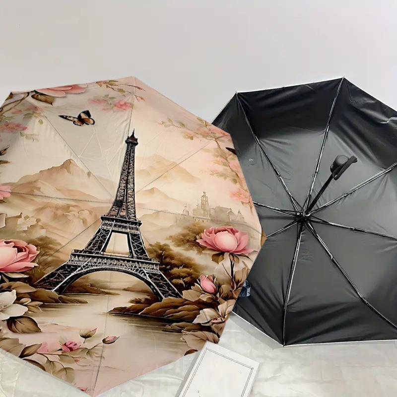 1PC Eiffel Tower Flowers Umbrella-8-Rib Reinforced, Automatic Open, Lightweight & Durable, Cute Fashion Accessory for Outdoor, Beach, or Casual Use, B