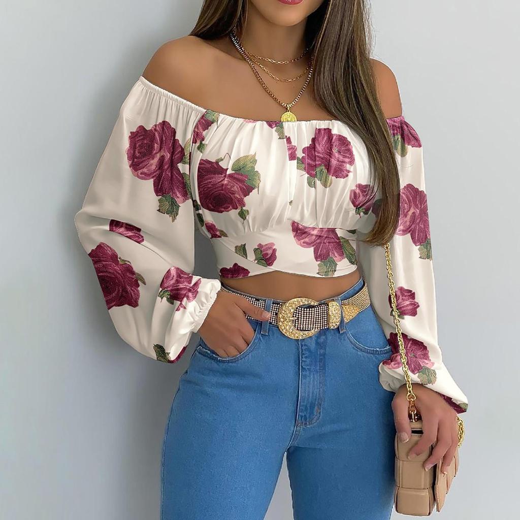 Sexy Off Shoulder Womens Tops and Blouses Puff Sleeve Tops Summer Flower Vintage White Women Shirt