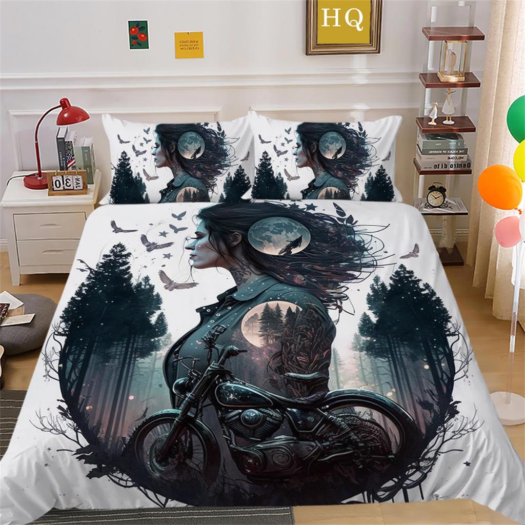 3D Beauty Skull Head Bedding Set Motorcycle Beauty Print Bedroom Decoration Quilt Cover and Pillow Cover 2/3 Pieces White Background Home Decoration