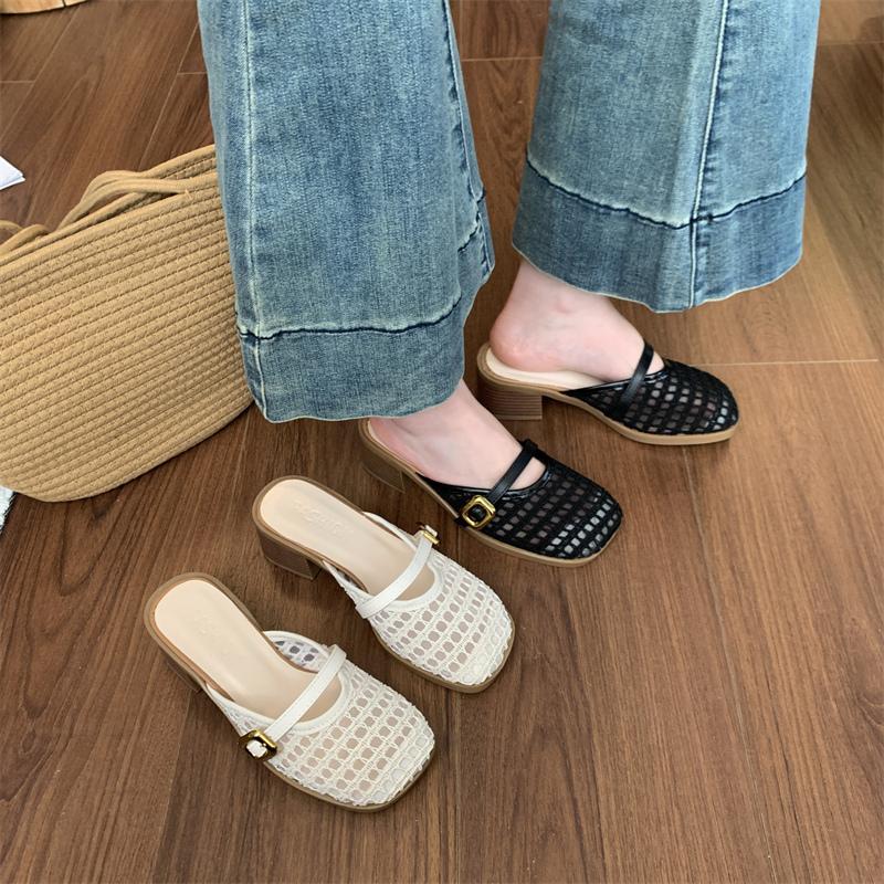Fashion Female Shoes Fretwork Heels Slippers Women Summer Cover Toe Slides 2025 Soft Casual Leisure Female Shoes Fretwork Heels Ladies'