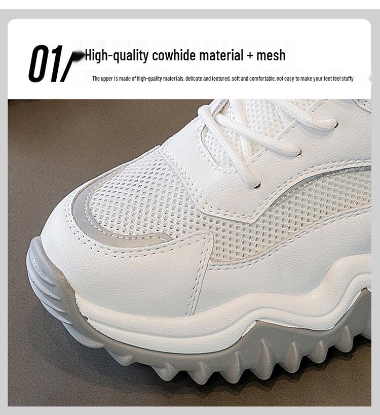 2025 Trendy Women's Genuine Leather Platform Sneakers with Thick Sole and Concealed Lift