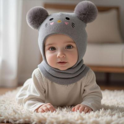 Children's Embroidered Cartoon Cat Hat Knitted Warm Baby Hat Autumn and Winter Baby Boys and Girls Knitted Hat