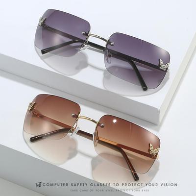 Trendy Eyewear Rimless Vintage Sun Glasses Rhinestone Butterfly Sunglasses  Sunglasses For Women Rectangle