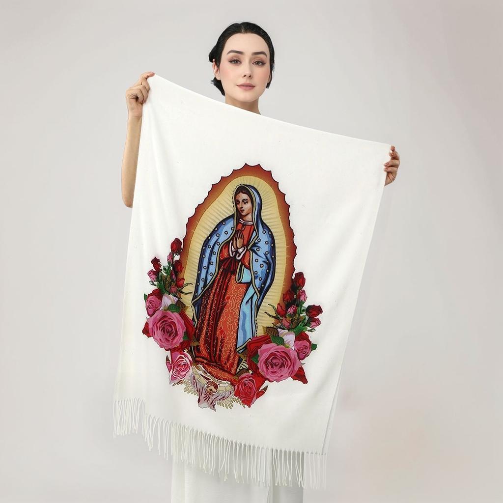 Winter Catholic Virgin Mary Tassel Scarf Long Cashmere Shawl Wrap For Women Custom Soft Lady Of Fatima Ladies Scarves 180*70Cm