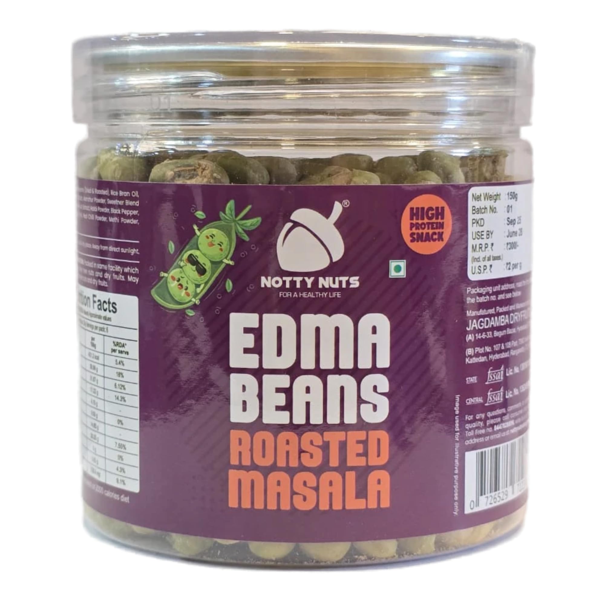Notty Nuts Roasted Edamame Beans, Masala Flavor | High Protein Healthy Snack with 46g Protein | Healthy Roasted Edma Beans | Gluten-Free, Plant P