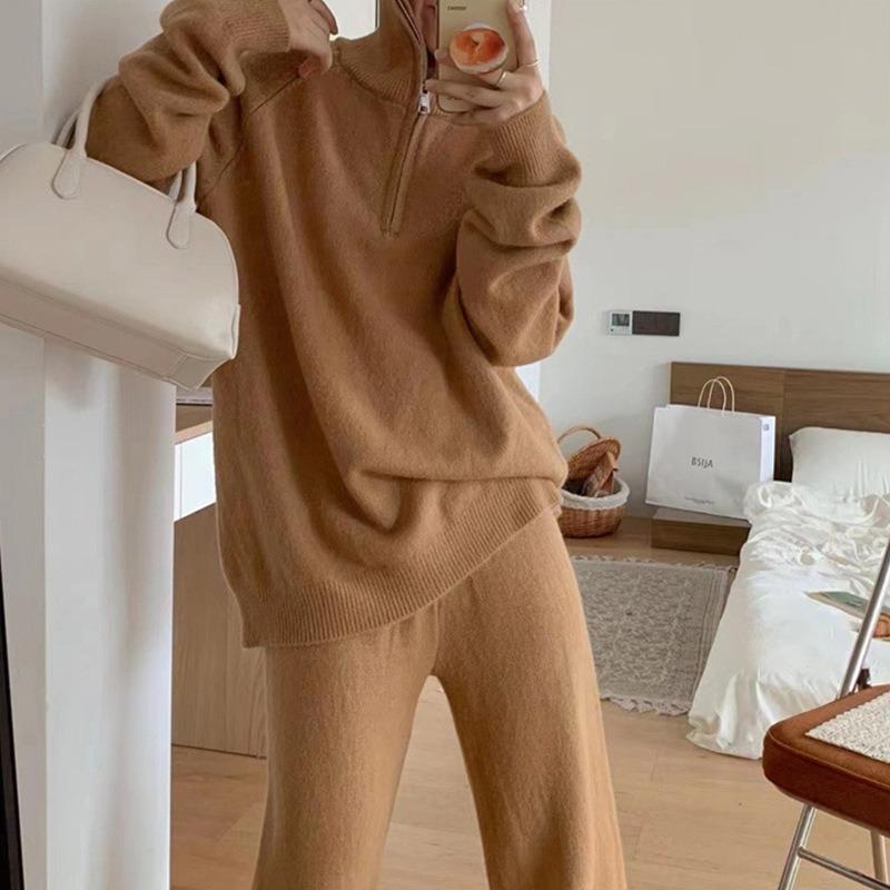 Half zipper casual style two-piece set women's autumn and winter new large size wide-leg pants knitted sweater set