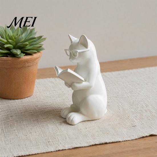 Cute Cat Figure 3D Printed Reading Figurine, Decorative Ornament with Weighted Anti-Slip Base, Sculpture Intellectual Statue Eye Glasses for