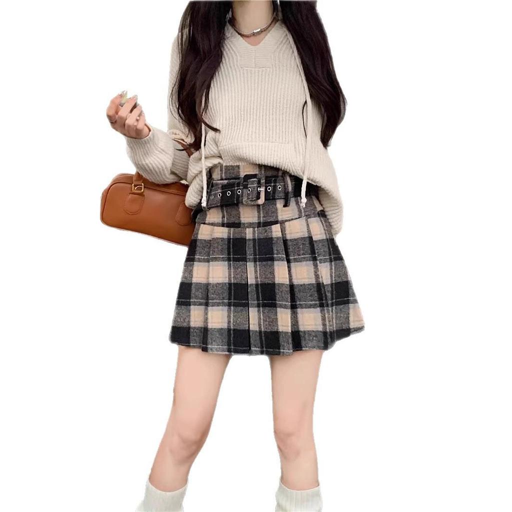 Women's High-Waisted Plaid Woolen A-Line Pleated Skirt with Belt - 2025 Autumn/Winter Collection