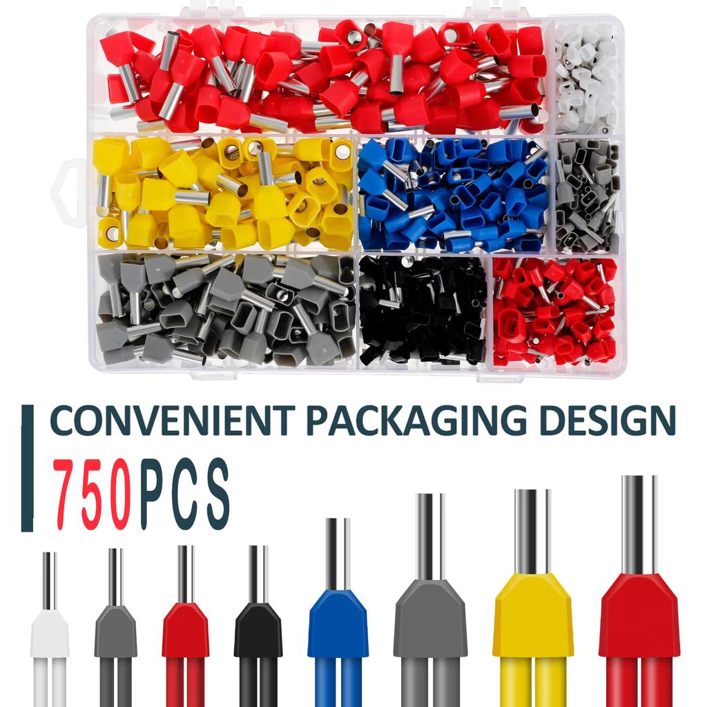 750PCS Double Wire End Ferrules Kit Multipurpose Reliable Twin Wire End Ferrules with Box Easy To Utilize for Cable Connecting