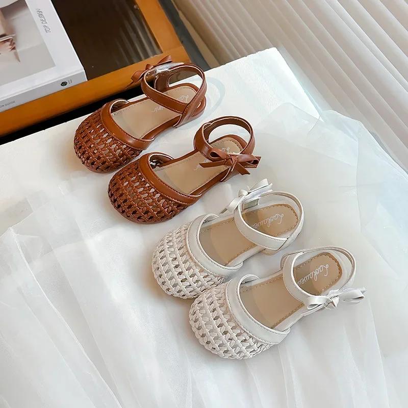 Kids Beach Shoes with Cute Knot 2024 Summer New Girls Retro British Woven Sandals Children Soft Hollow Elegant Versatile Sandals