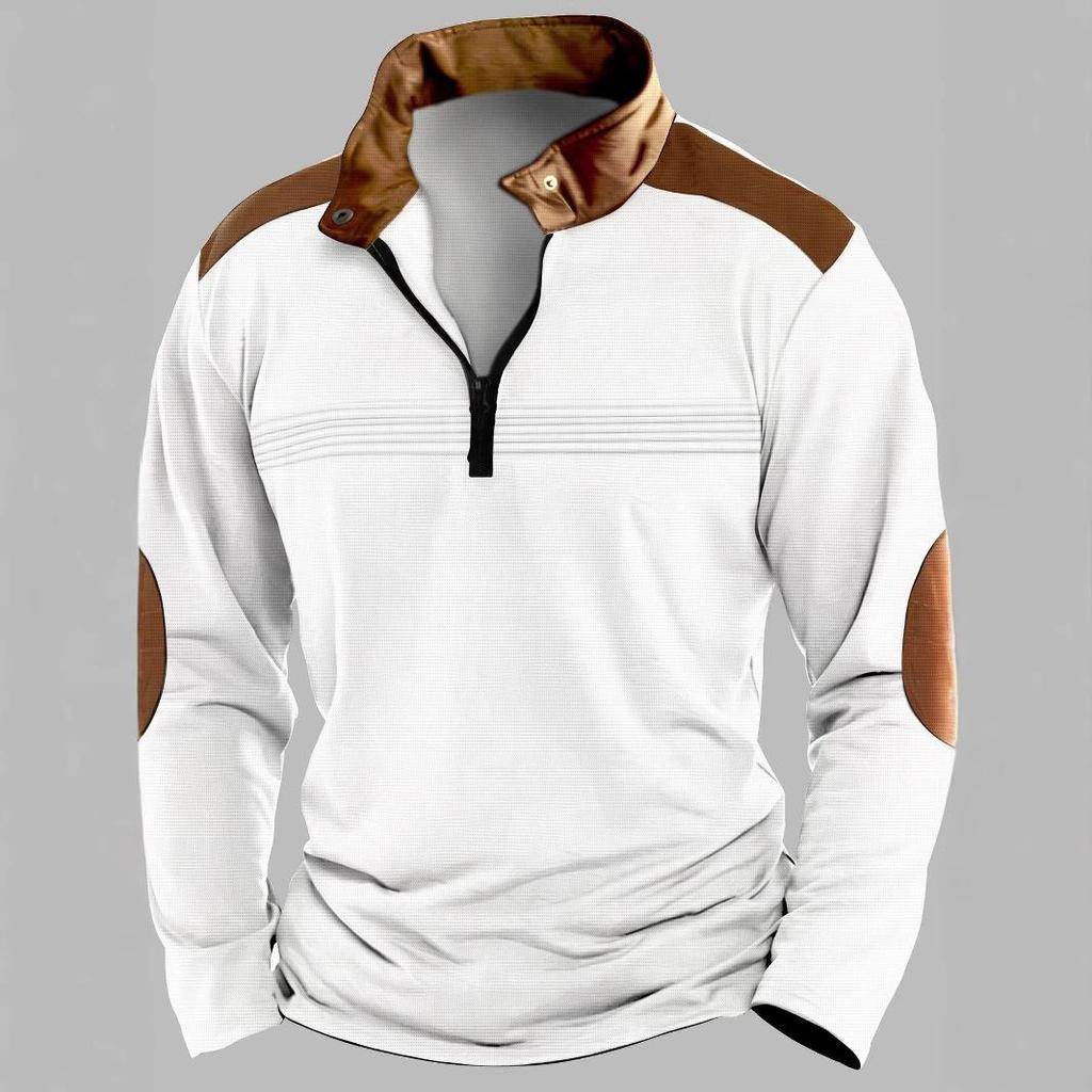 Herren Patchwork Reißverschluss Langarm Poloshirt