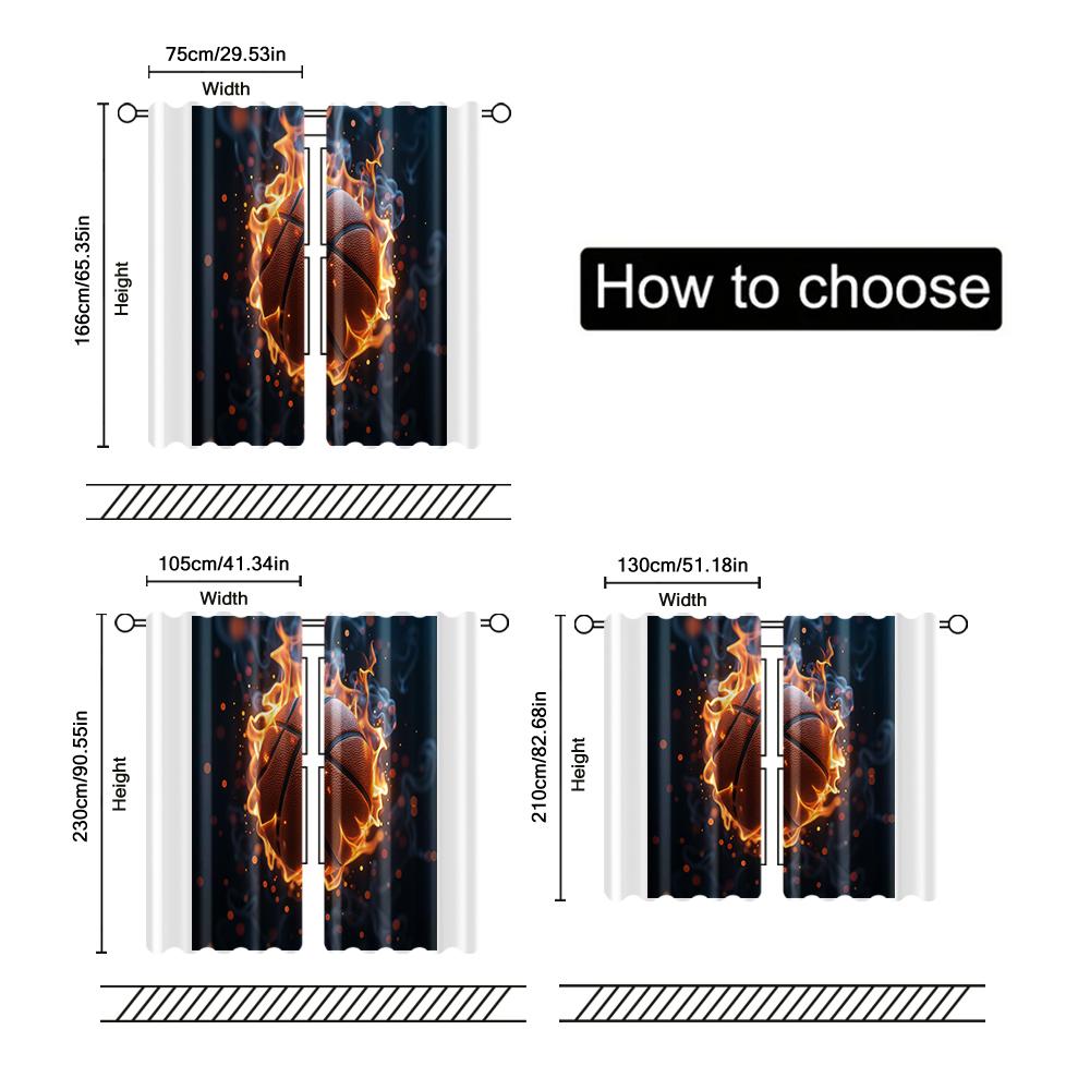 2 Pcs, Filtering Curtains (excluding Rods, Non-movable, Without Batteries) Artistic Basketballbackgroundsuitable for Use In