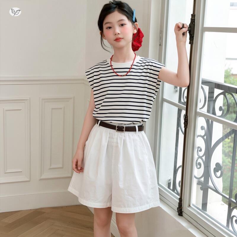 Korean Style Striped Sleeveless T-shirt & Shorts Set for Girls - Summer 2026