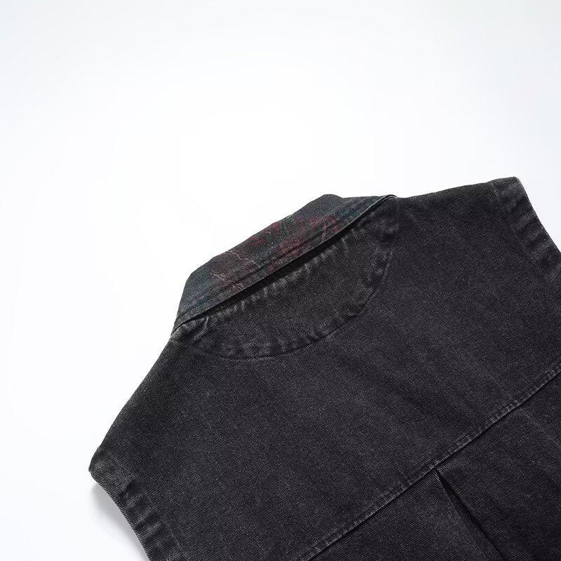 2024 Autumn Women's European & American Style Denim Printed Loose Vest