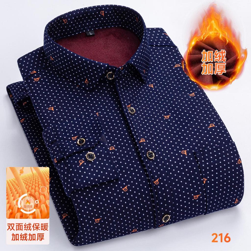 Thickened Long Sleeve Men's Shirt Winter Warm Elastic Fleece Lined One Piece Velvet Plaid Dad Clothes Middle Age Shirt