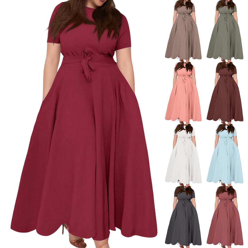 Women's Casual Fashion Large Size Color Round Neck Short Sleeve Pocket Straps Swing Dress