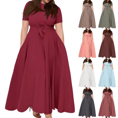 Vestido Casual de Moda para Mujer Talla Grande Color Cuello Redondo Manga Corta Bolsillo Tirantes Oscilante