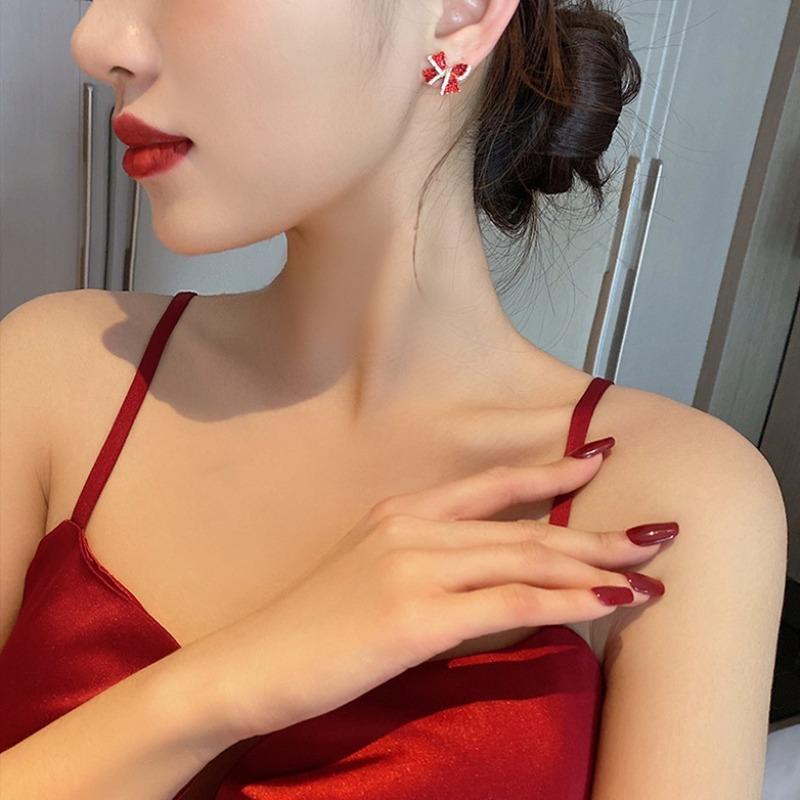 Red Zircon Crystal Bow Stud Earrings for Women Heart Shape Bowknot Earring Girl New Year Festival Jewelry
