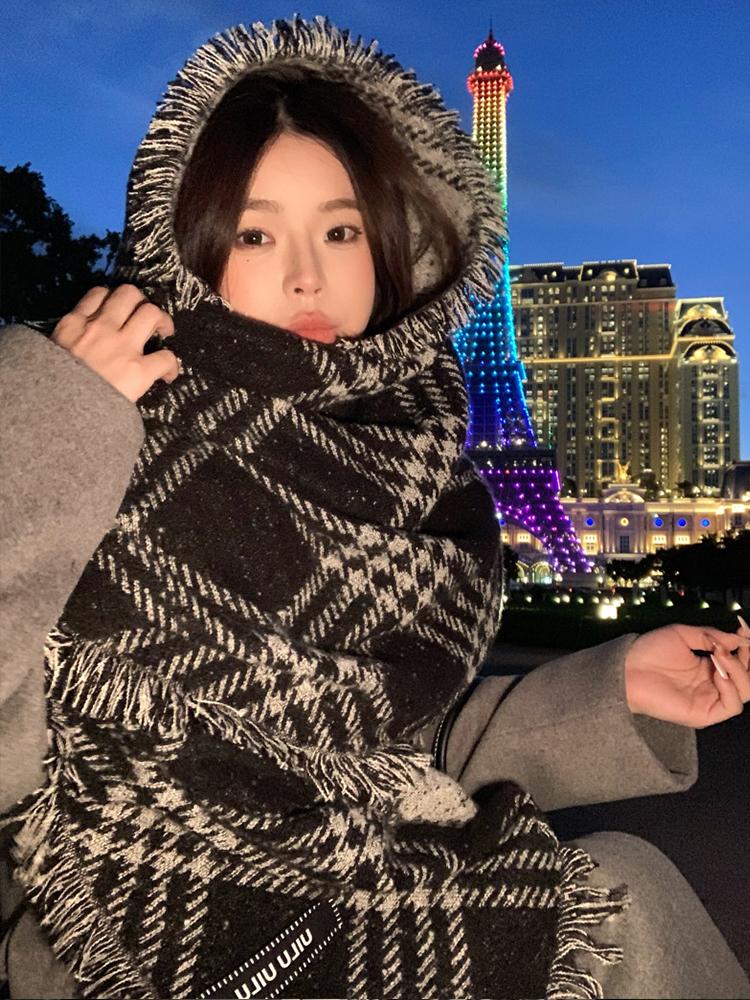 Retro Fashion Winter Women Knitted Scarf Headscarf Casual Preppy Brown Black Plaid Scarve Lady Mujer Thick Wrap Shawl Korean New