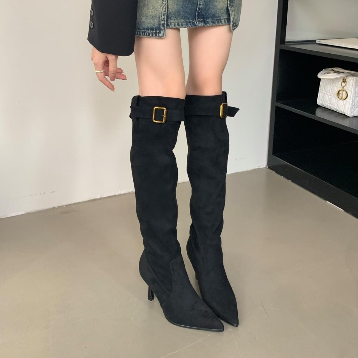 

2025 autumn and winter new pile boots pointed thin heel high heel boots women Maillard but knee boots 39 абрикосовый