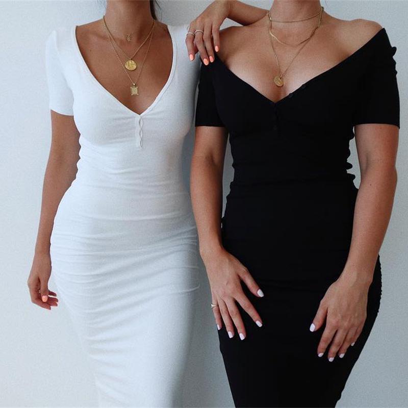 Knitted Dress Sexy Short Sleeve Summer Casual Stretchy Elastic Elegant V-Neck Women Solid Dresses