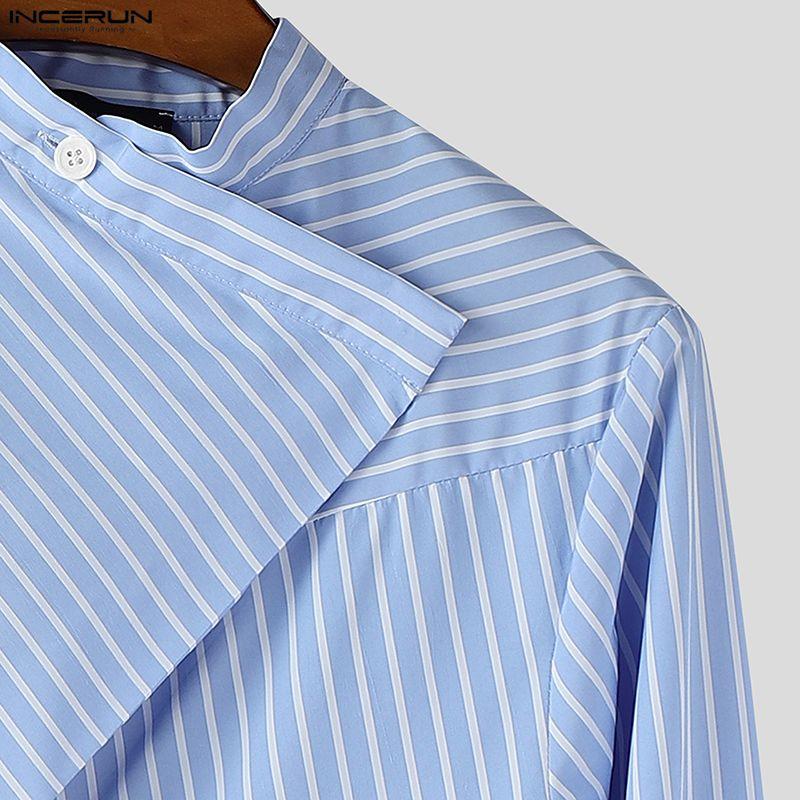 INCERUN Men Wrap Neck Long Sleeve Button Up Striped Print Casual Shirts