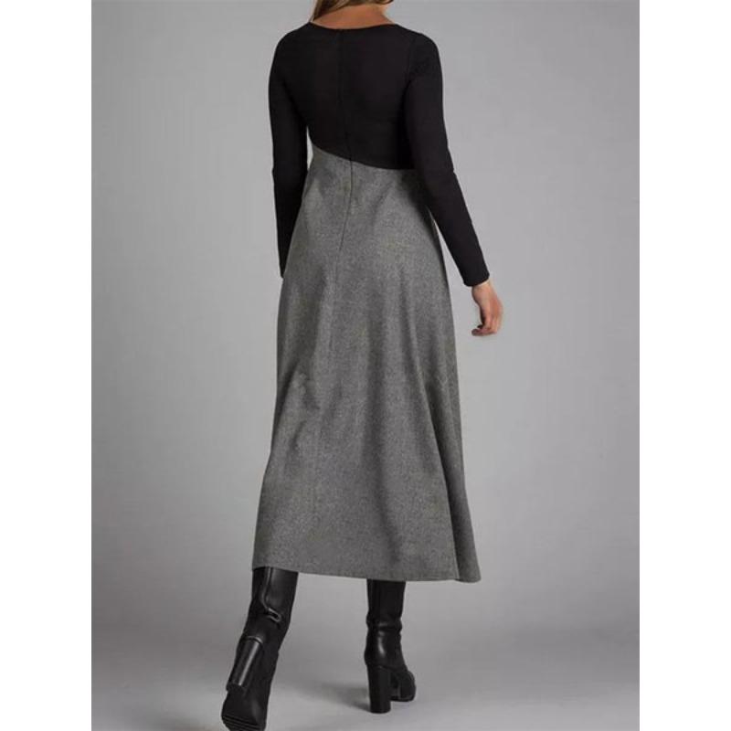 New Woolen Dress with Contrasting Color, V-neck, Long Sleeved Patchwork, and Large Swing Design Maternity Wear