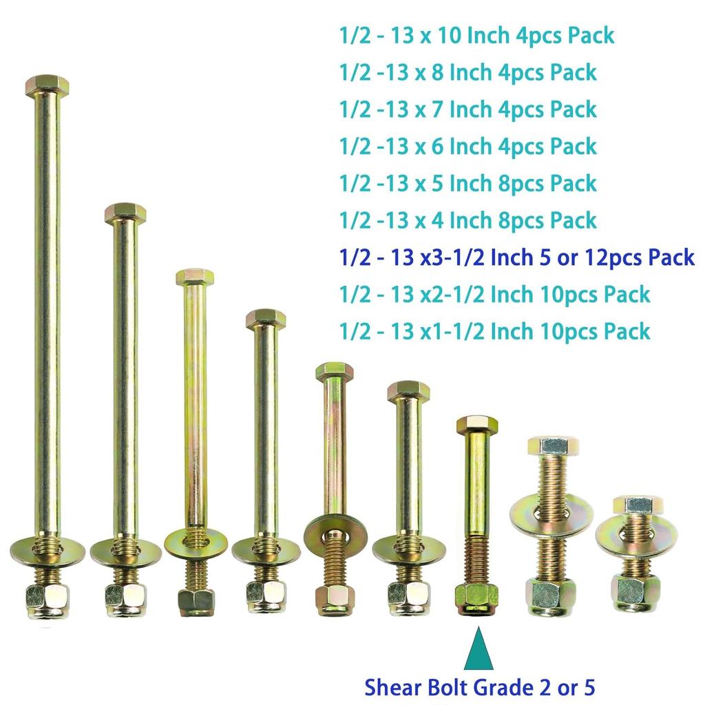 1/2" x 10" Hex Head Bolt by Color Galvanization with Nylon Lock nut and Large Size Washer Assortment Kit,Alloy Steel,Grade 5.(4pcs Pack)