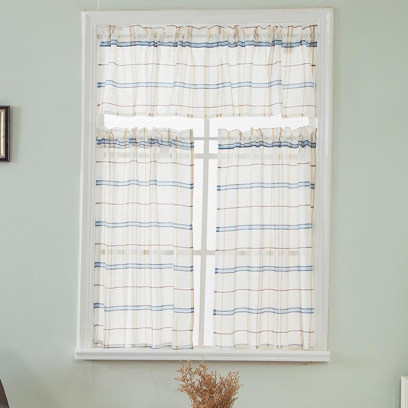 Kitchen Curtains Linen Plaid Yarn Piercing Rod Finished Linen Curtains