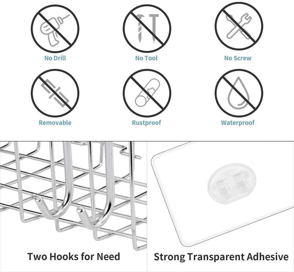 Adhesive Eco-Friendly Dual Tier Stainless Steel Bathtub Caddy Wall Mounted No Drill Bathroom Basket Storage Shower Shelf Corner