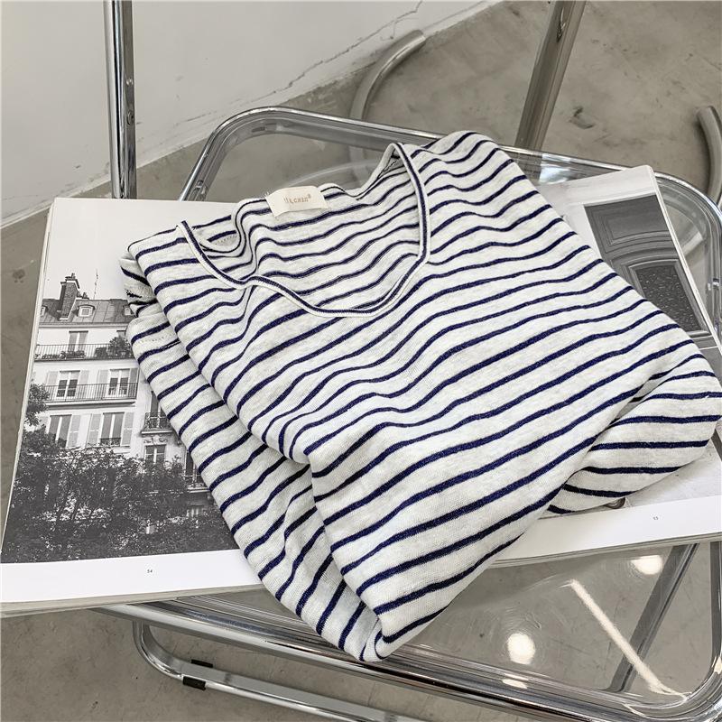 Women's Light Blue Striped V-Neck Bamboo Cotton Short-Sleeve T-Shirt - Loose Fit, Slightly Transparent