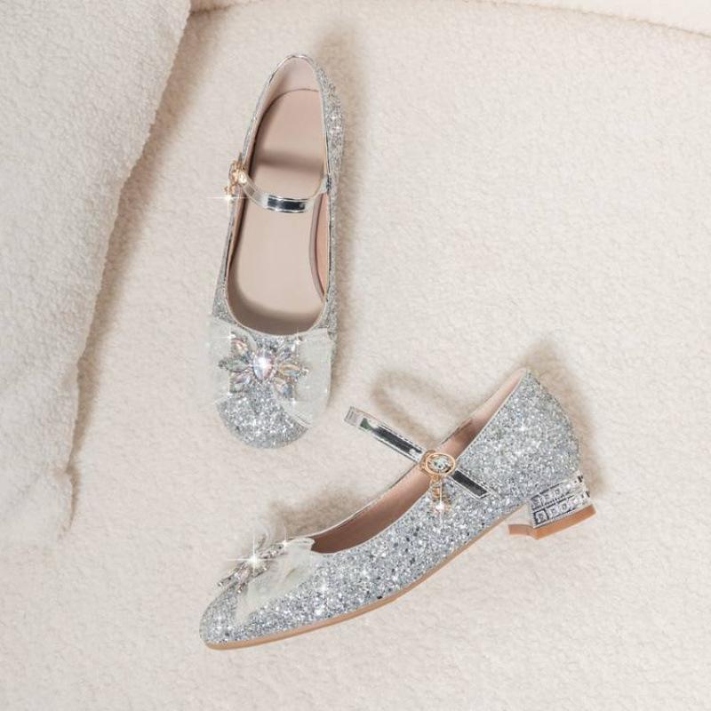 Four Seasons Girls Single Shoes Comfortable Sequins Performance Crystal Shoes Bow Princess Shoes New Soft Sole Children's Leather Shoes Women