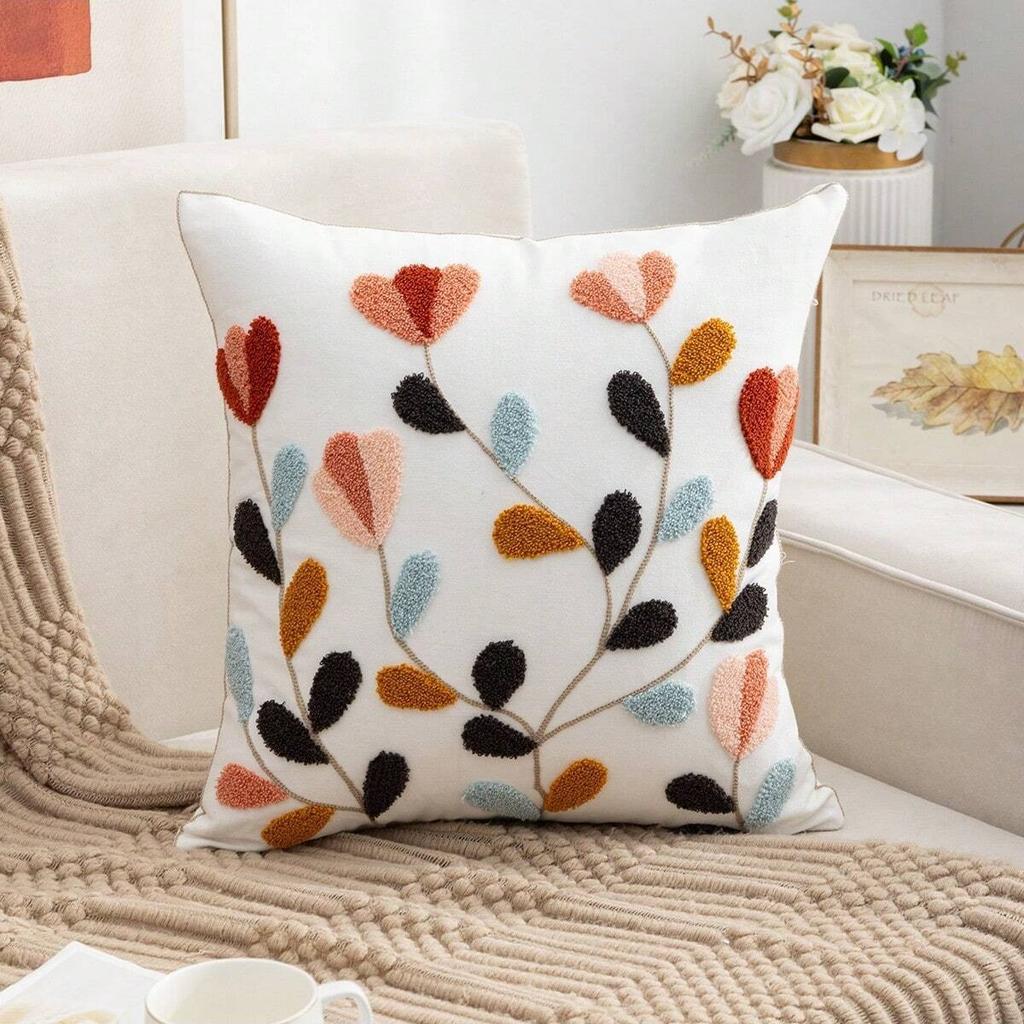 Flower Pillow Cover Towel Embroidered Pastoral Style Sofa Pillow Core-Free Bedside Cushion Office Waist Pillow Cover