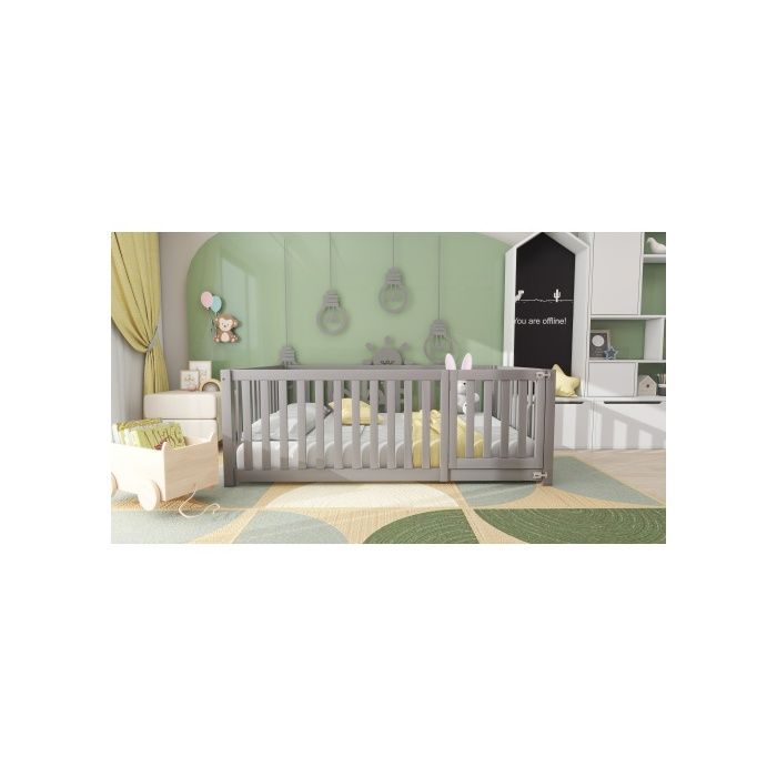 Lit d'enfant - MUVOE - 140x200 cm - Bois massif - Gris - Design avec clôture et porte