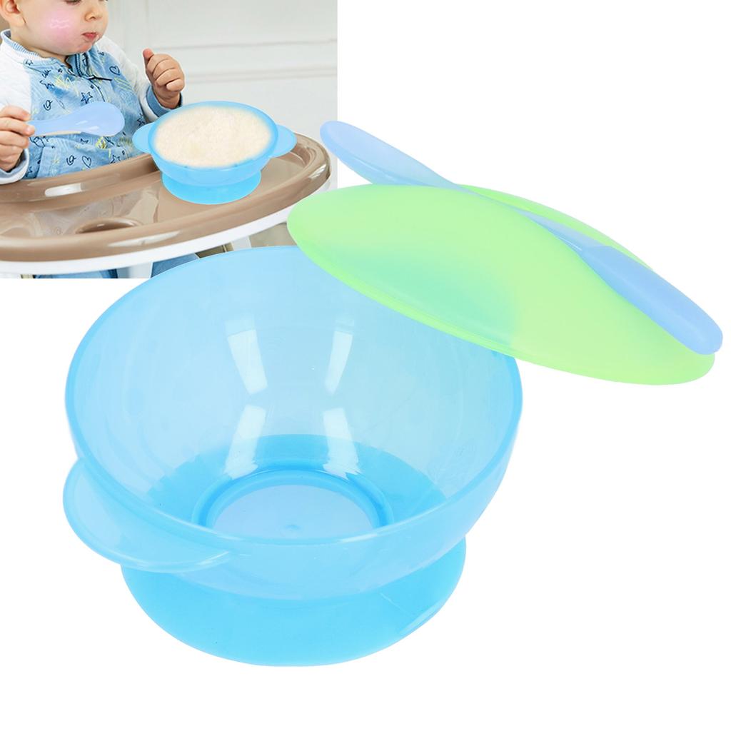Toddler SelfFeeding Bowl Silicone Suction Bowls Plastic Baby Food Bowl with Lid Spoon(Green )